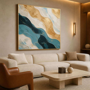 Textured blue and gold canvas in a boutique hotel lounge.