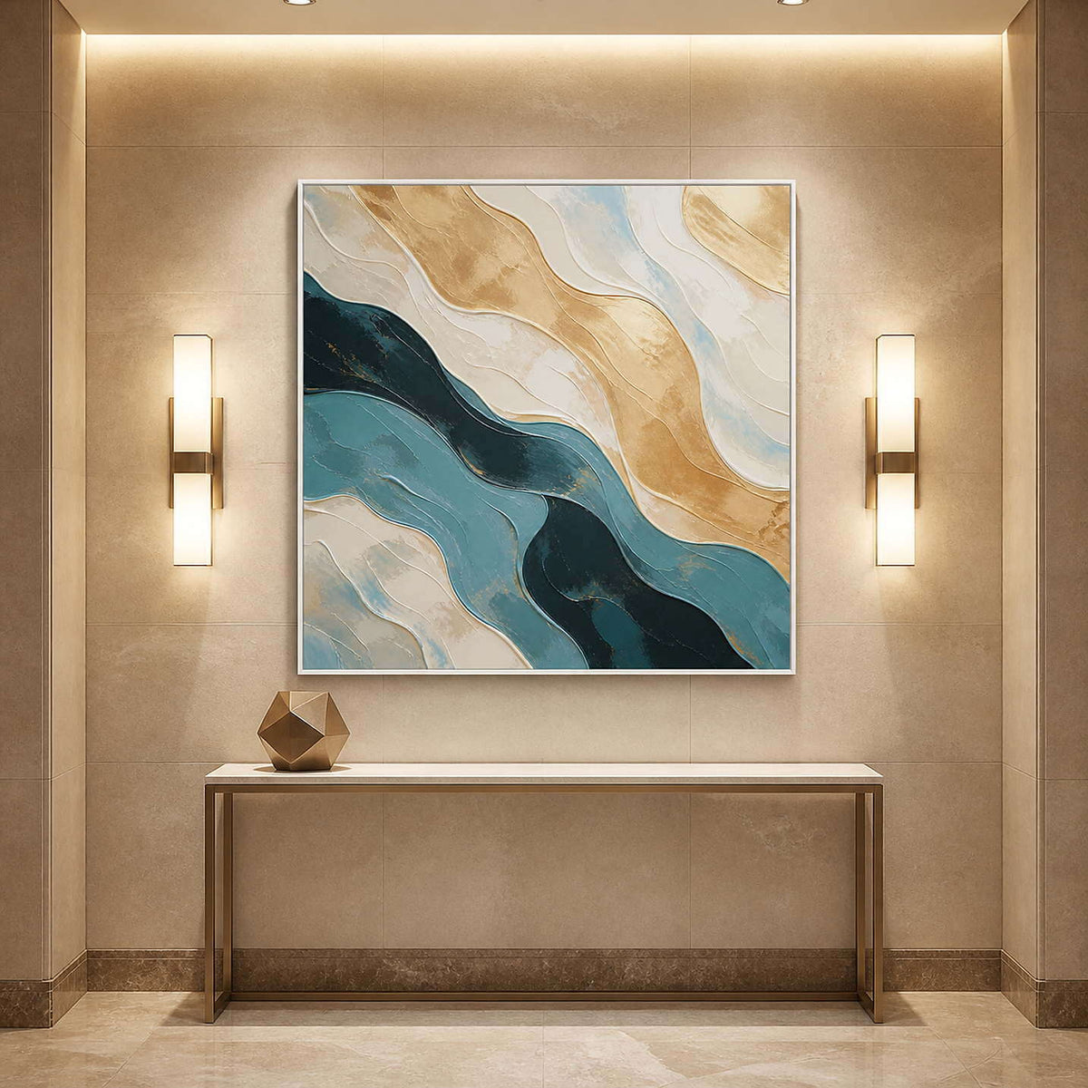 Blue and gold wall art displayed in an elegant hotel hallway.
