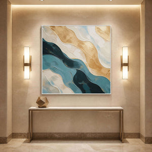 Blue and gold wall art displayed in an elegant hotel hallway.