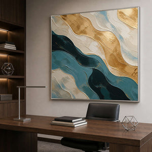 Square textured abstract artwork adding depth to a modern office.
