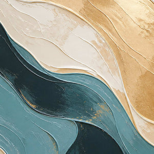 Close-up of sweeping teal, ivory, and muted gold painted texture.
