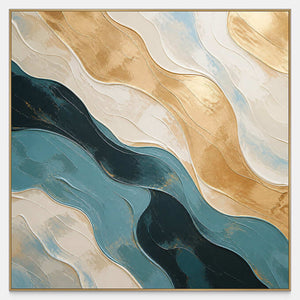 Hand-painted square abstract canvas with flowing teal, ivory, and gold bands.