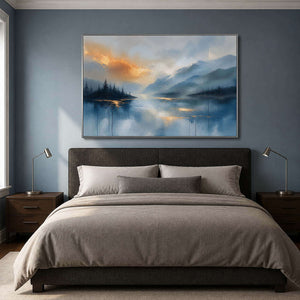 Misty mountain landscape displayed above a charcoal upholstered bed.