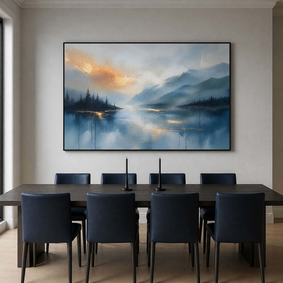Atmospheric blue lake artwork above a smoked oak dining table.