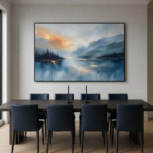 Atmospheric blue lake artwork above a smoked oak dining table.