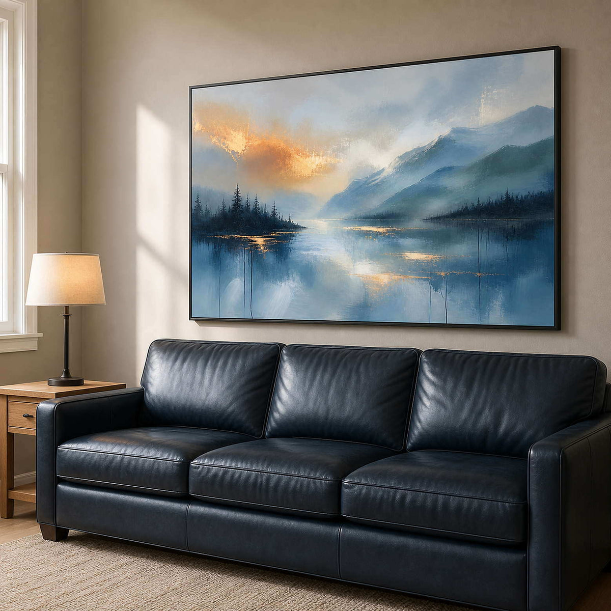Serene lake landscape above an ink-blue leather family room sofa.