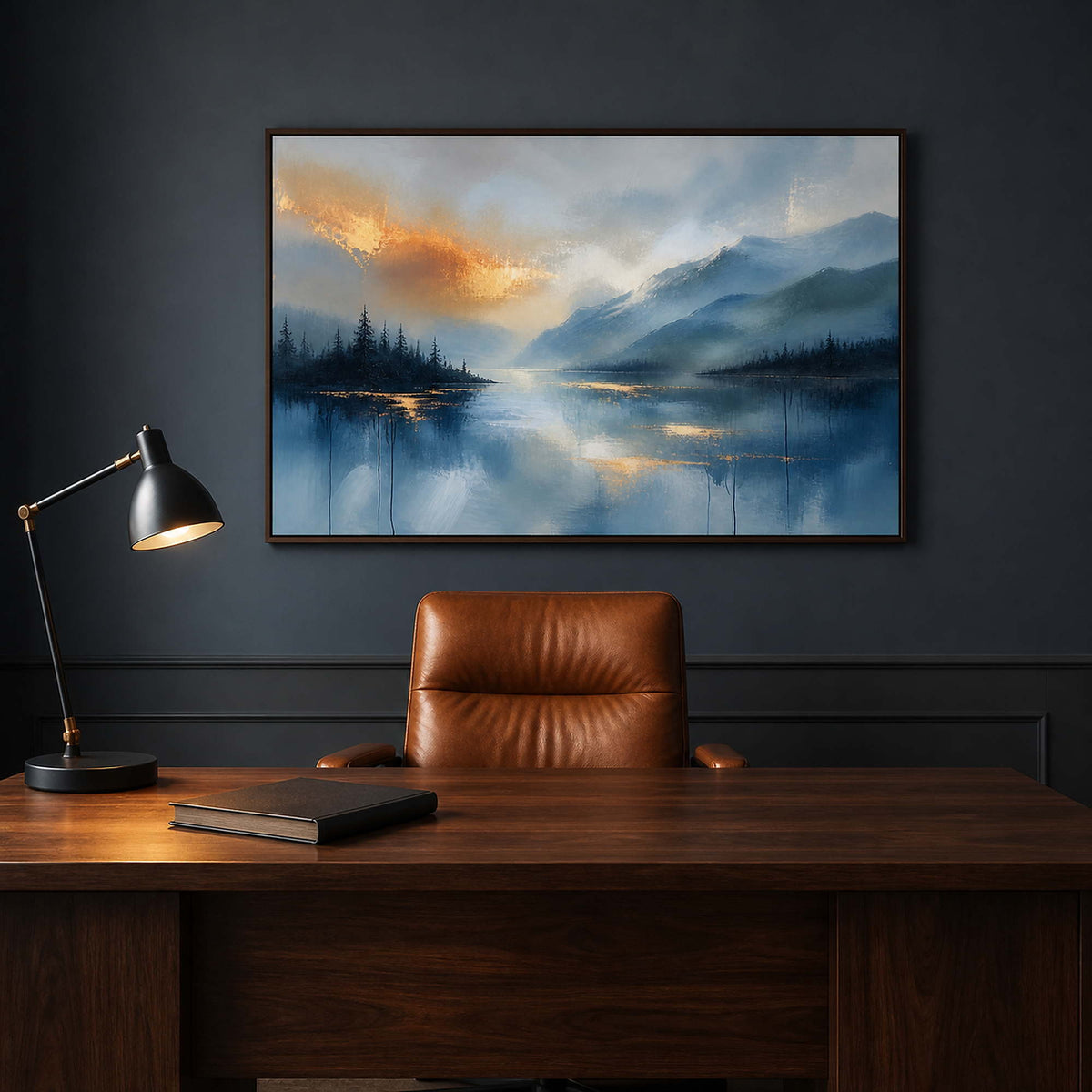 Luminous blue mountain artwork above a walnut private office desk.
