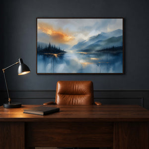 Luminous blue mountain artwork above a walnut private office desk.
