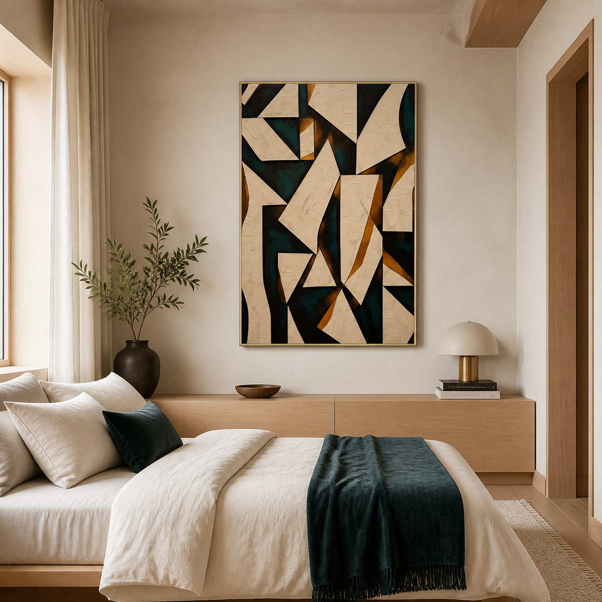 Textured geometric painting displayed in a warm white oak bedroom.