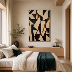 Textured geometric painting displayed in a warm white oak bedroom.