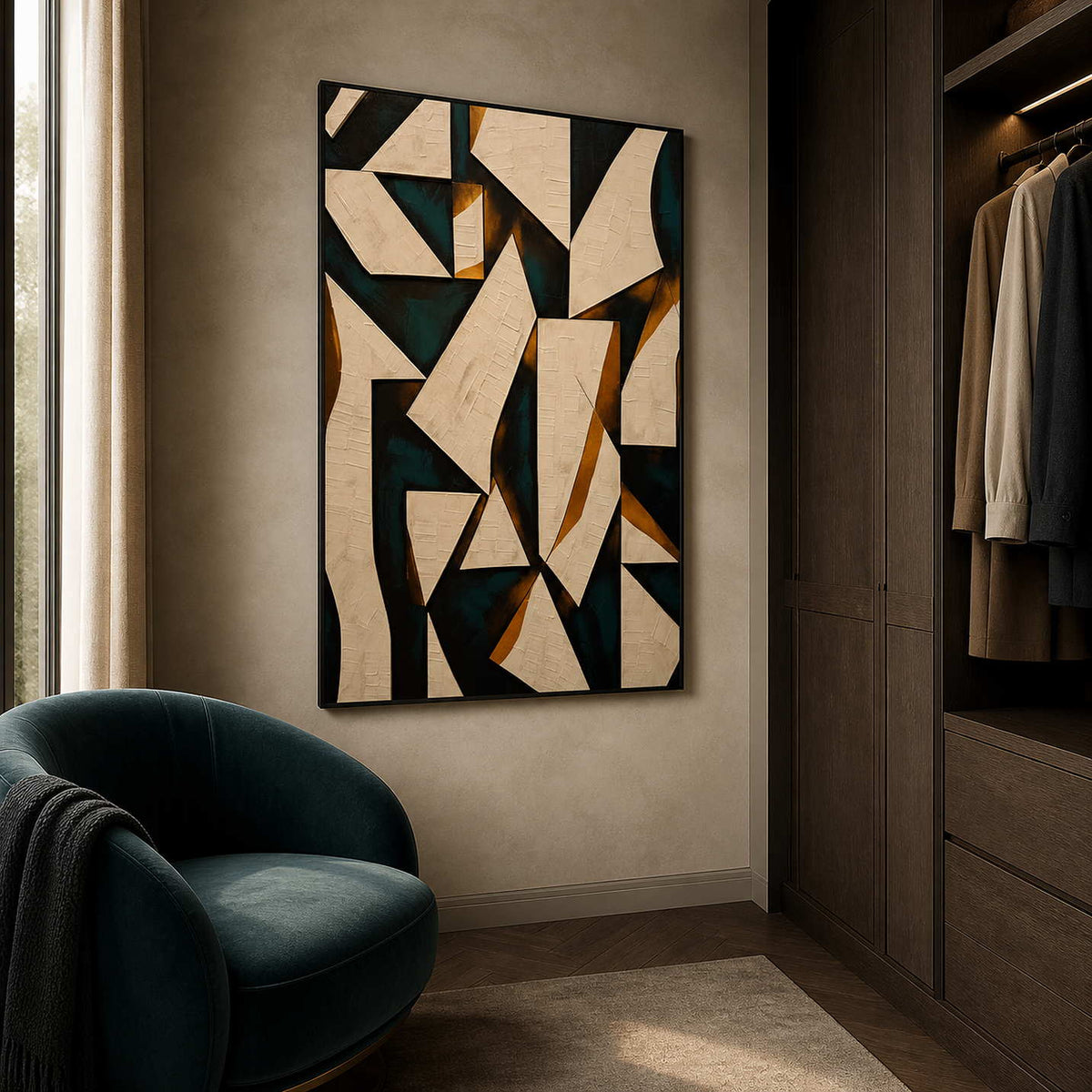 Deep teal abstract painting displayed in a warm gray dressing room.