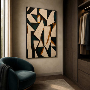 Deep teal abstract painting displayed in a warm gray dressing room.