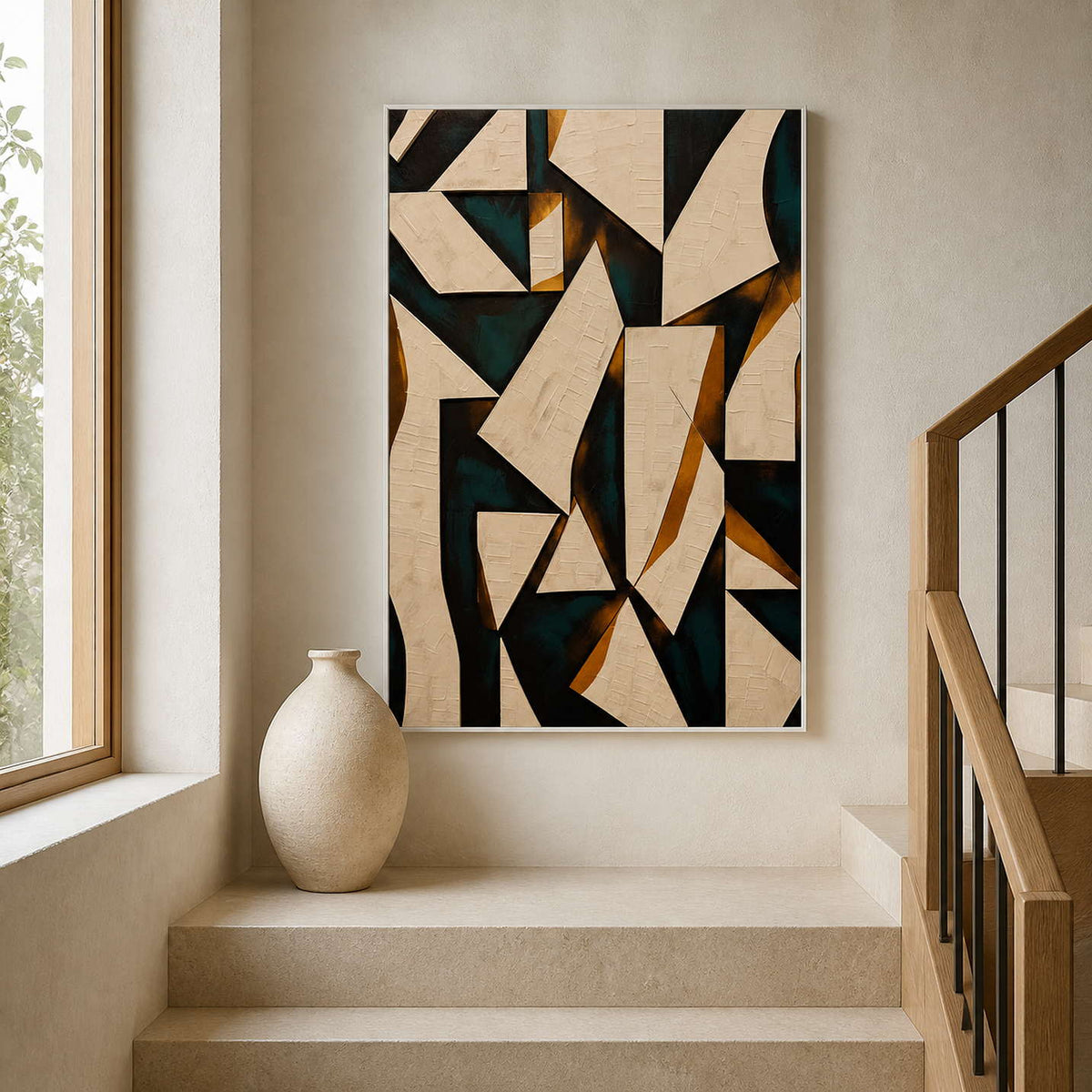 Vertical modern artwork displayed above a warm limestone stair landing.