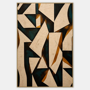 Vertical geometric abstraction in ivory, black, deep teal, and burnished gold.