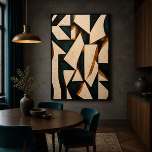 Bold abstract artwork displayed in a charcoal teal walnut dining room.