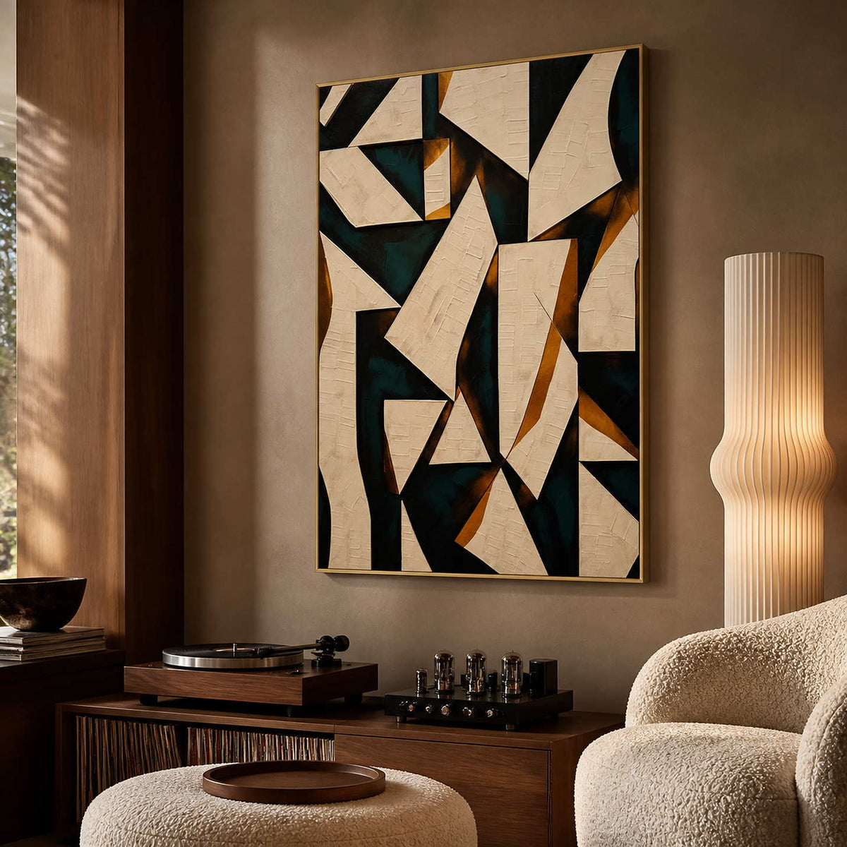 Textured geometric artwork displayed in a warm walnut music room.