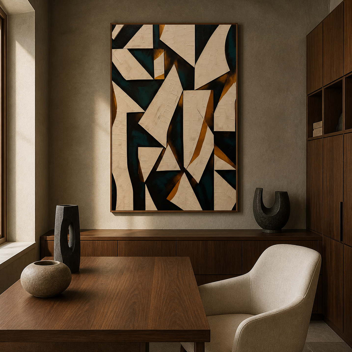 Geometric wall art displayed in an olive-gray walnut office.