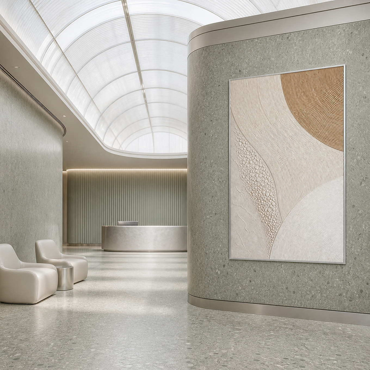 Gold arc rising through ivory curves wall art in a contemporary commercial lobby.