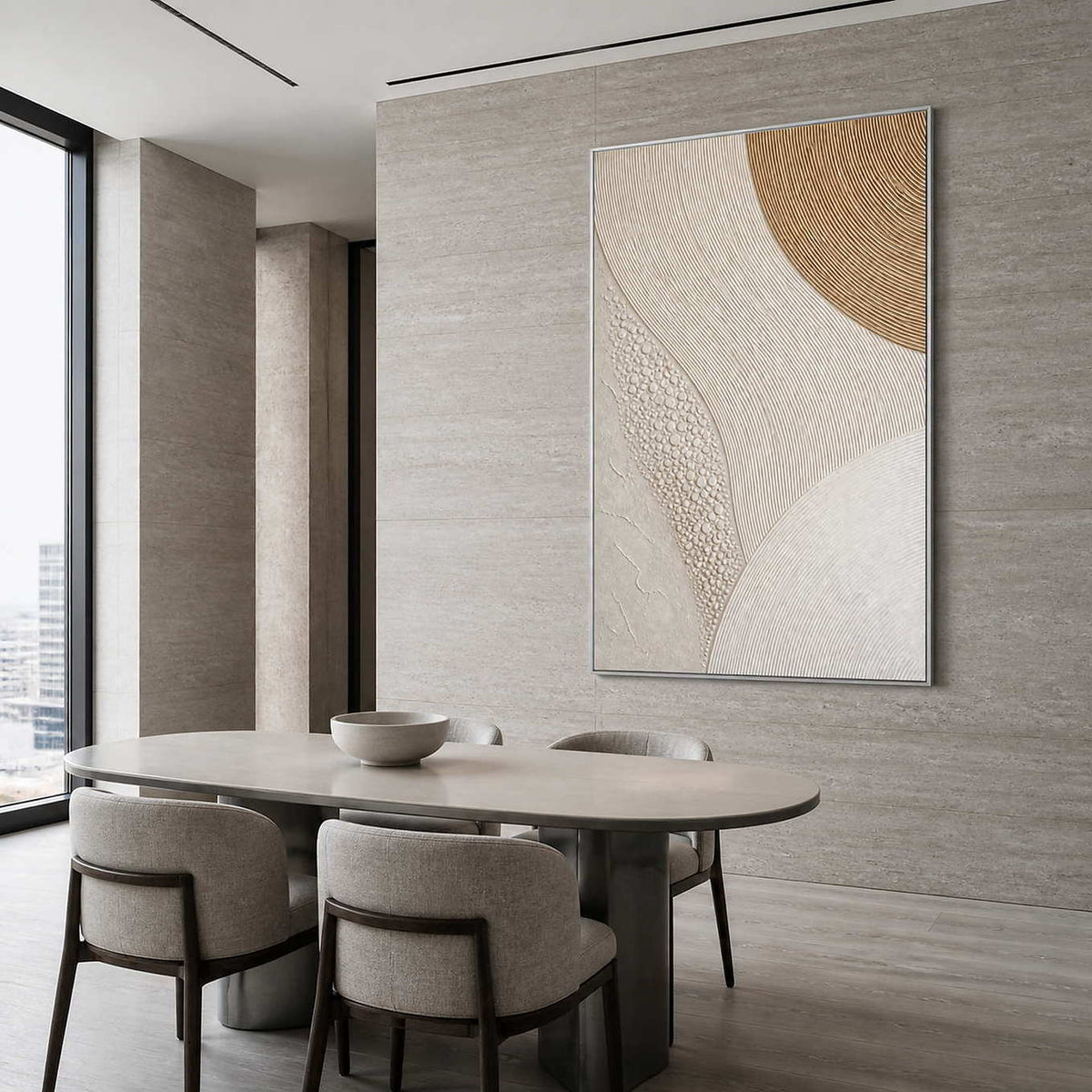 Gold arc rising through ivory curves wall art in a contemporary dining room.