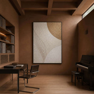 Gold arc rising through ivory curves wall art in a contemporary home office.