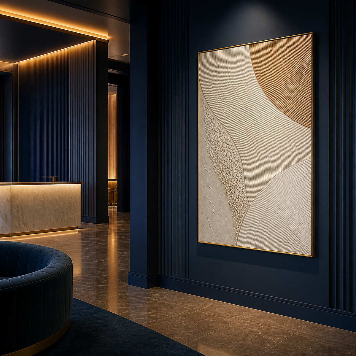 Gold arc rising through ivory curves wall art in a contemporary hospitality lounge.