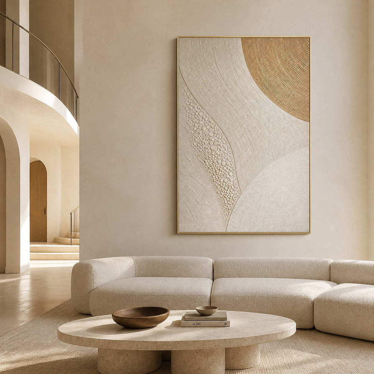 Gold arc rising through ivory curves wall art in a contemporary living room.