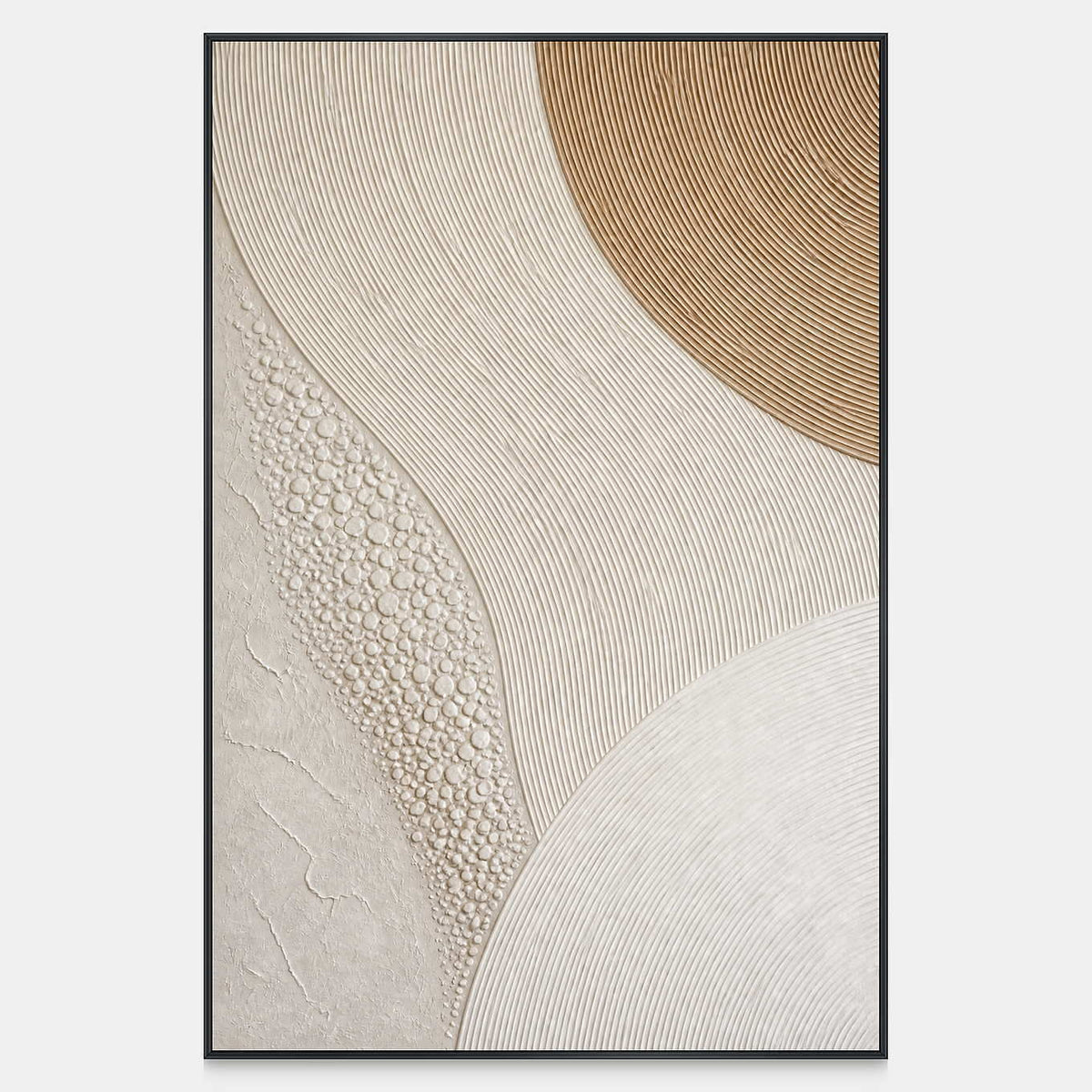 Hand-painted gold arc rising through ivory curves canvas with raised texture.