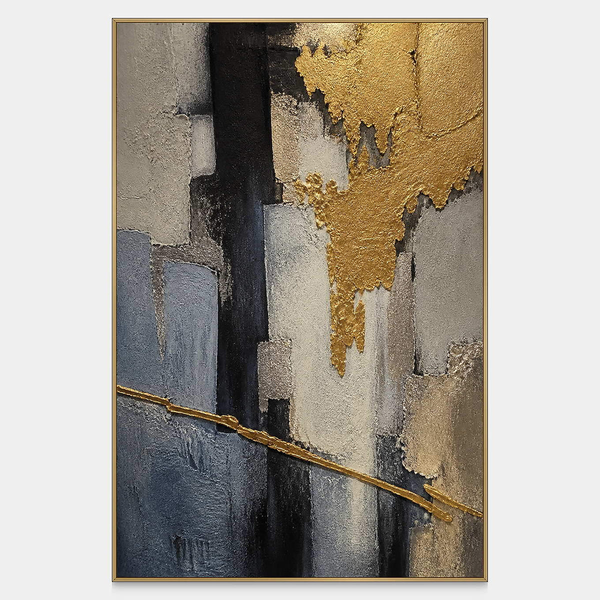 Vertical abstract artwork in gold, charcoal, slate blue, gray, and ivory.