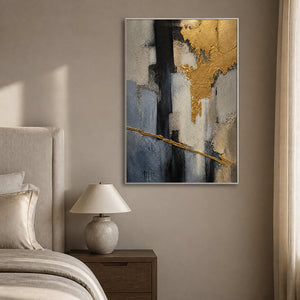 Gold and gray wall art displayed in a serene mushroom-toned bedroom.