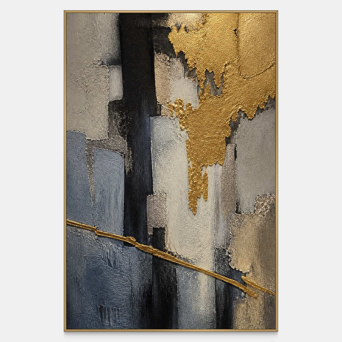 Vertical abstract artwork in gold, charcoal, slate blue, gray, and ivory.
