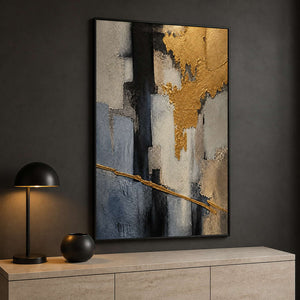 Dramatic gold abstract wall art displayed in a deep graphite office.
