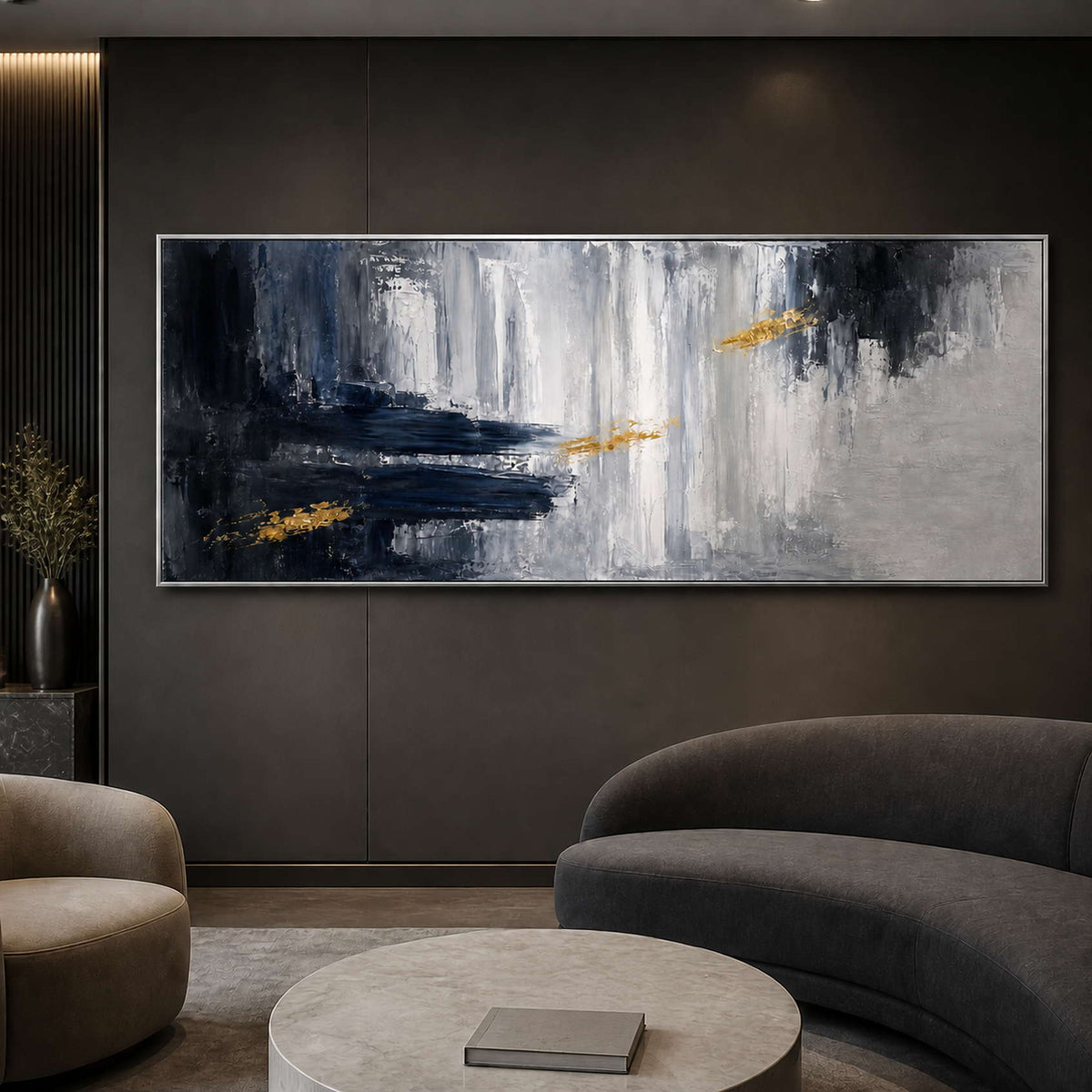 Textured abstract wall art displayed in a refined art consultant lounge.