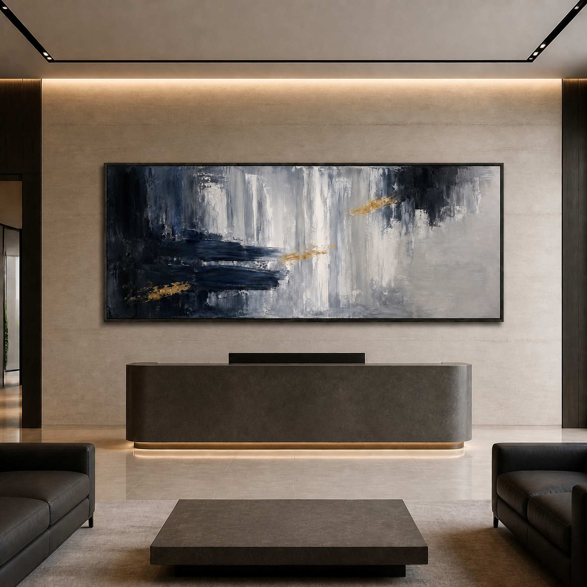 Textured abstract wall art displayed in a refined executive reception.