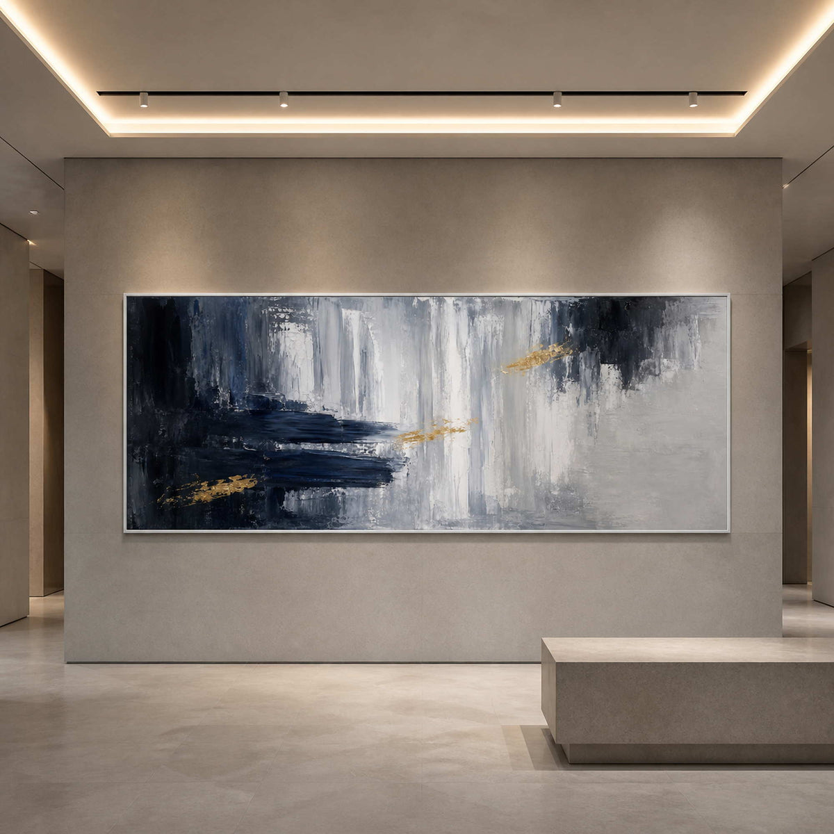 Textured abstract wall art displayed in a refined minimalist art corridor.