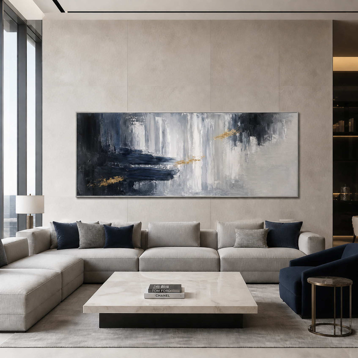 Textured abstract wall art displayed in a refined modern penthouse living room.