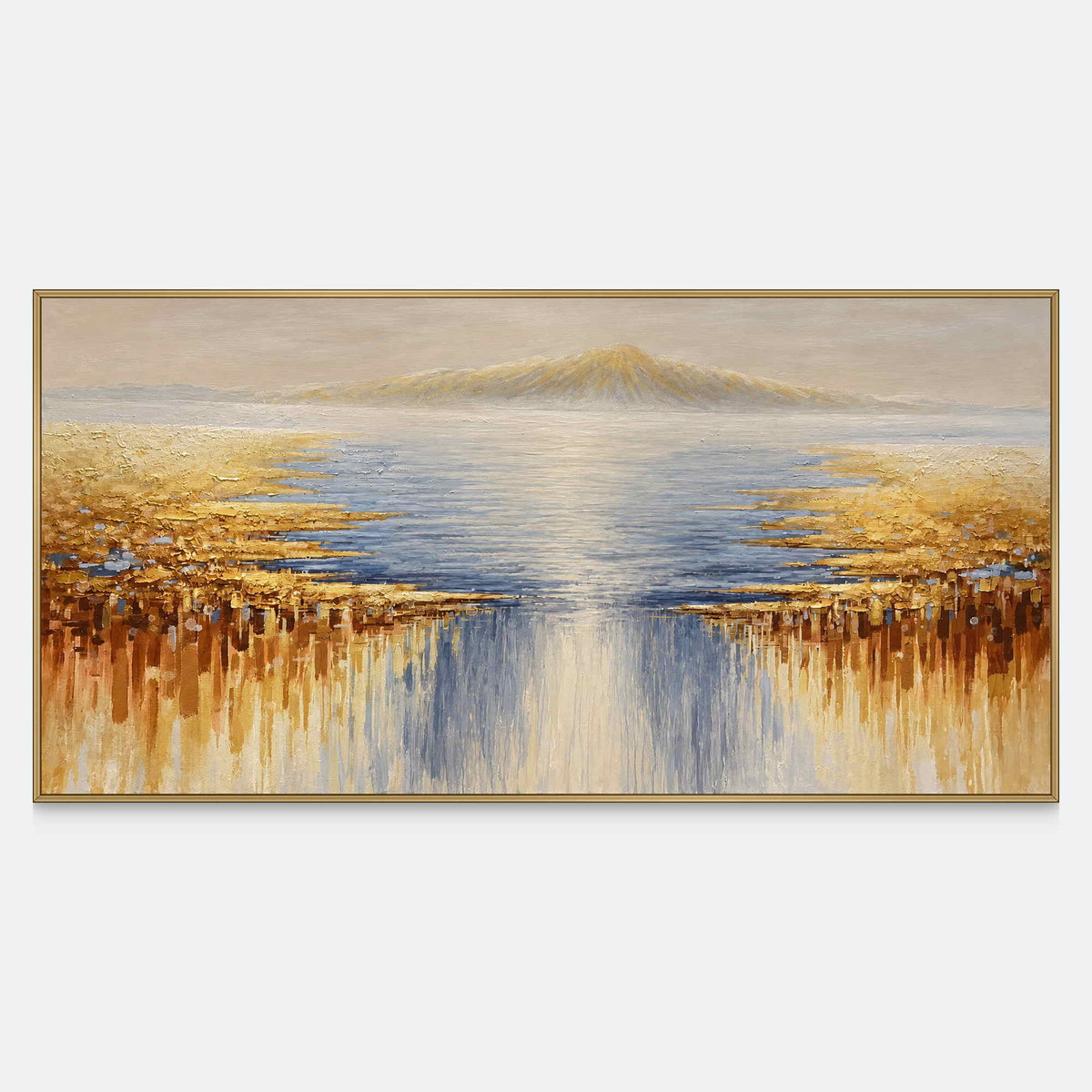 Front view of pale distant mountains above blue-gray water and gold-ochre marks spreading from both sides, with a gold-colored frame.
