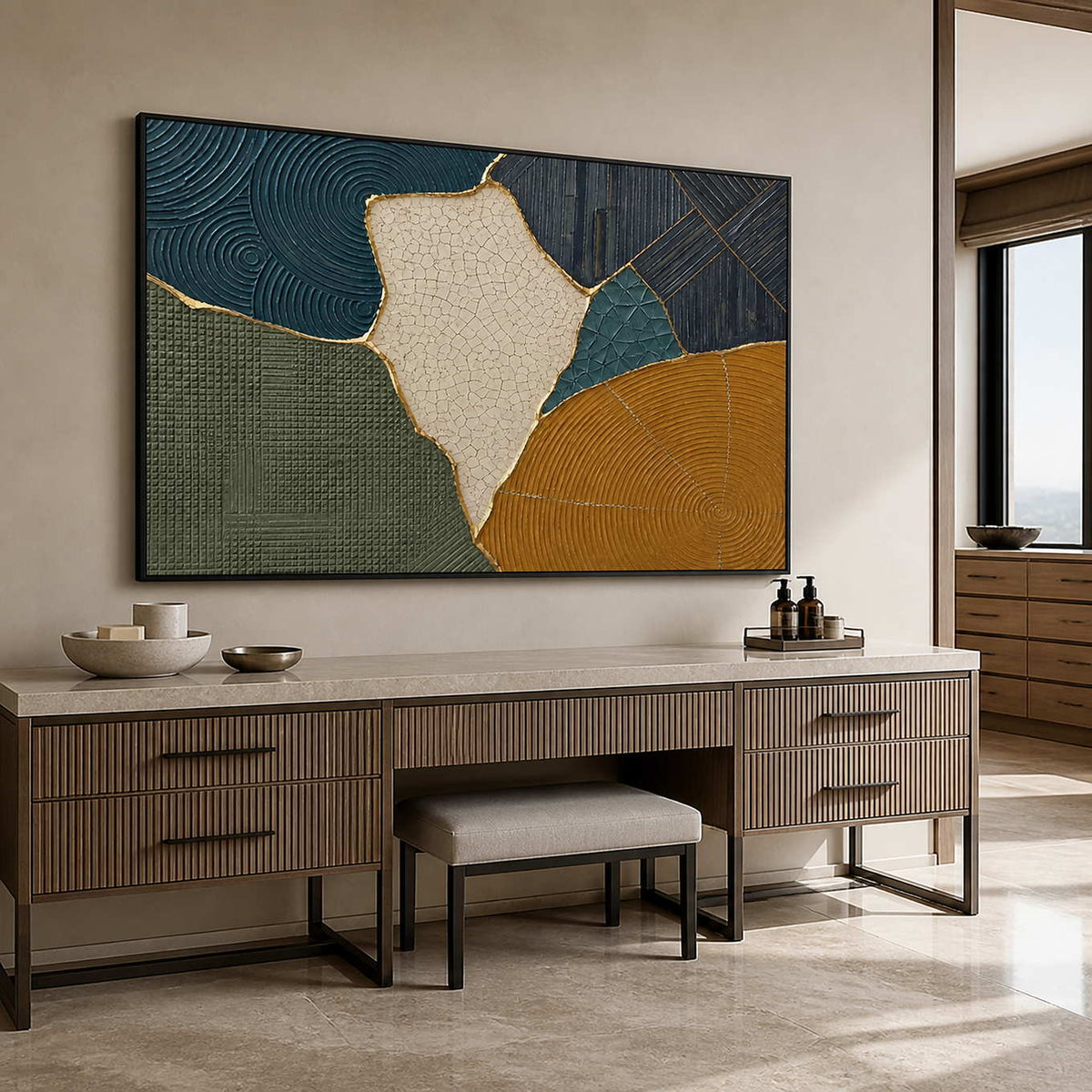 Textured geometric canvas displayed in a calm modern bathroom.