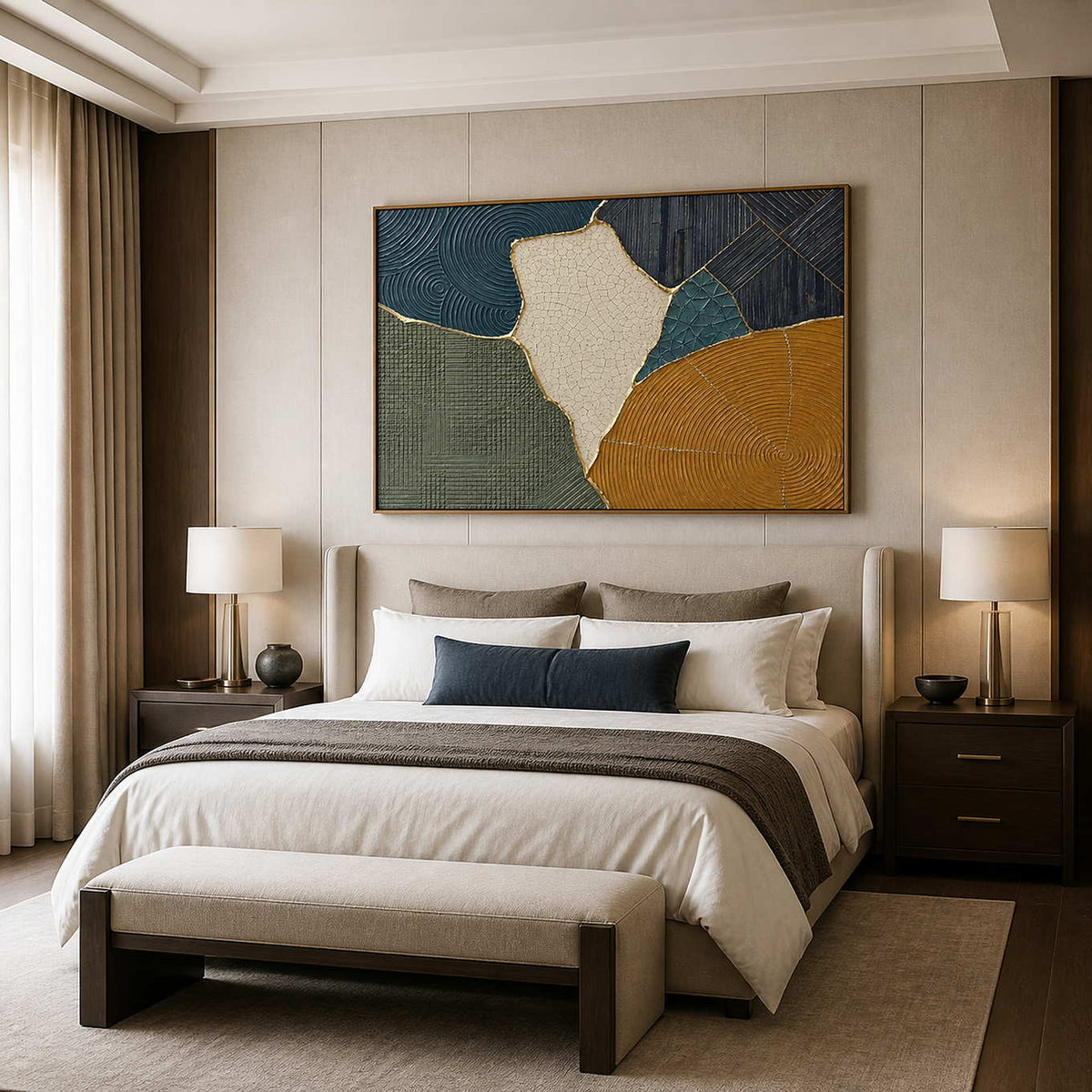 Deep blue and ochre artwork styled above a refined bedroom.