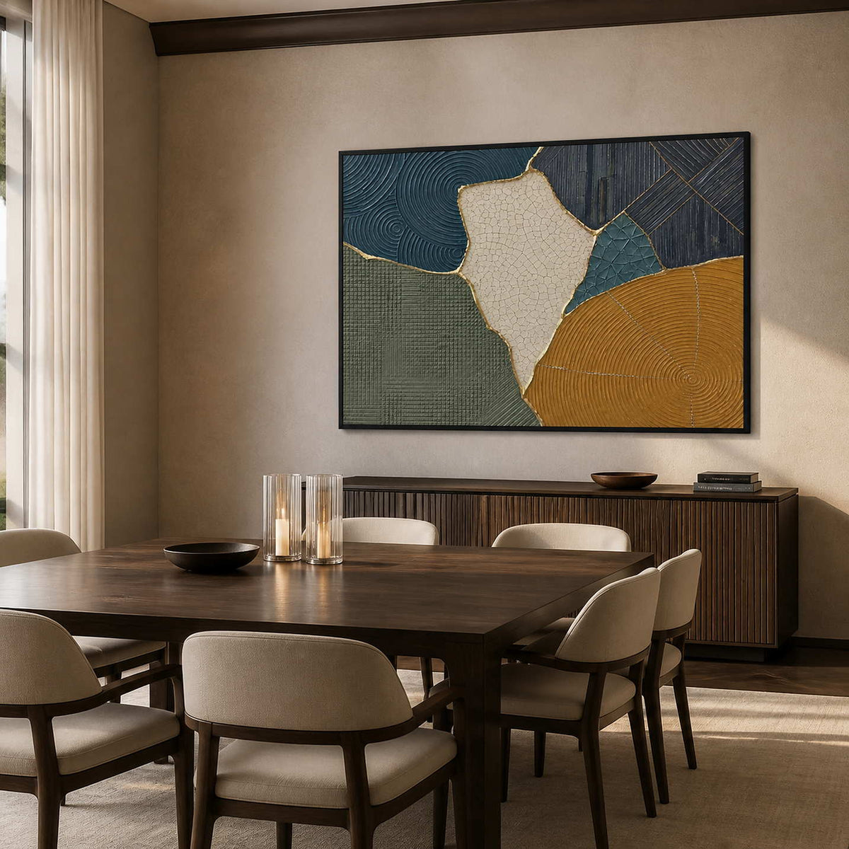 Geometric textured artwork displayed in a warm modern dining room.