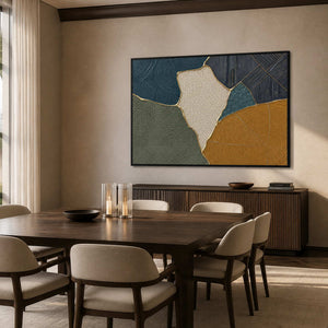 Geometric textured artwork displayed in a warm modern dining room.
