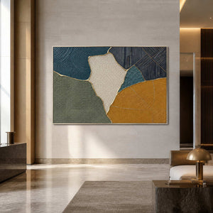 Horizontal abstract canvas bringing sculptural color to a hotel lobby.