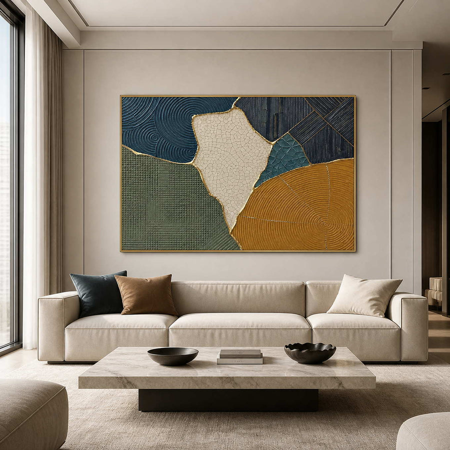 Blue and ochre textured abstract wall art in a modern living room.