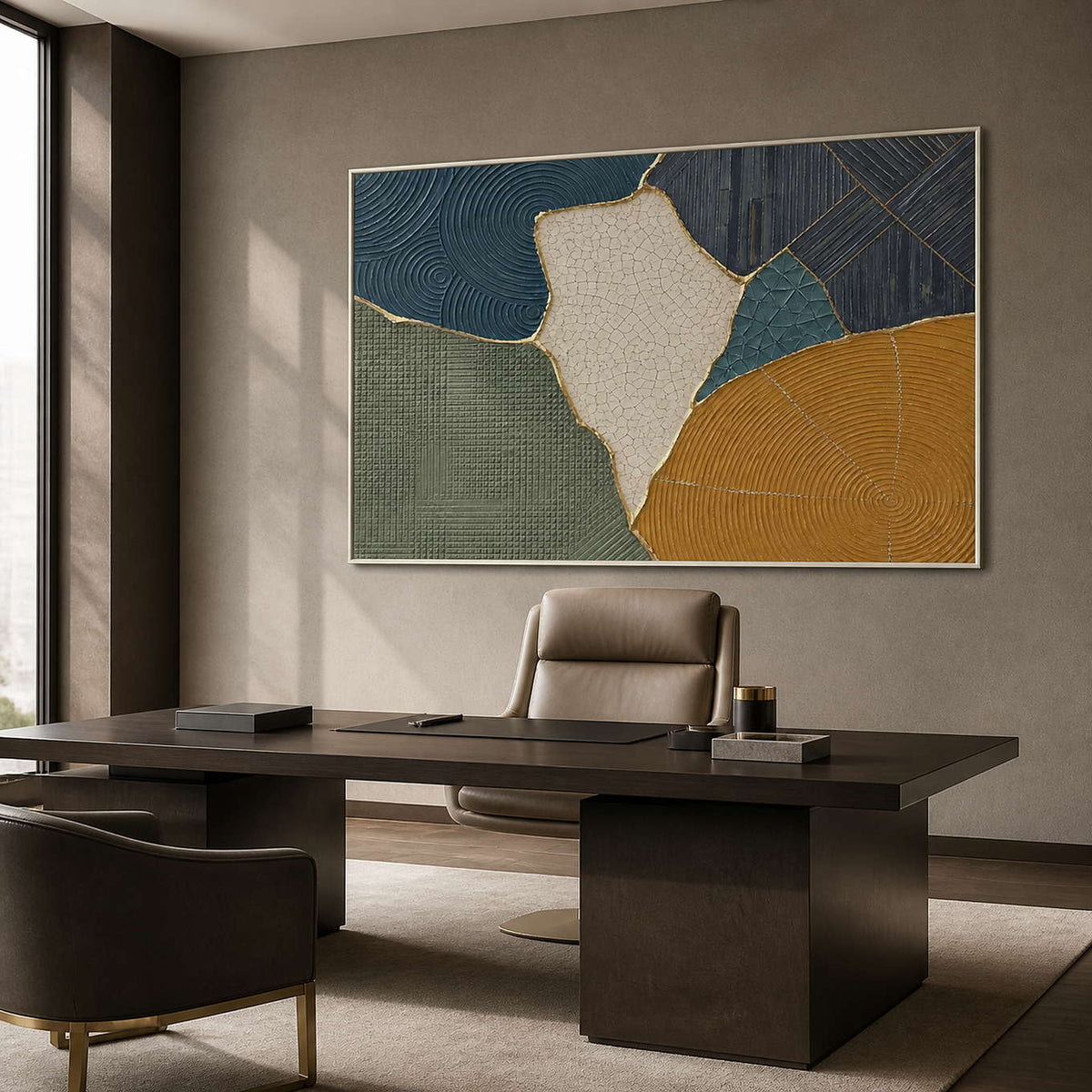 Structured textured abstract wall art displayed in a modern office.