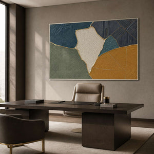 Structured textured abstract wall art displayed in a modern office.