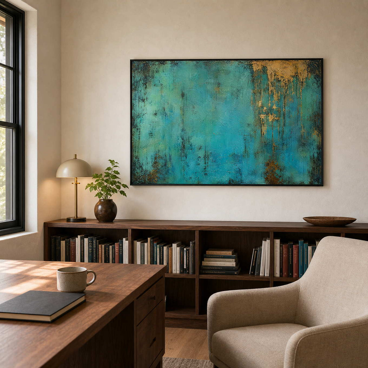 Textured turquoise wall art displayed in a home study reading area.