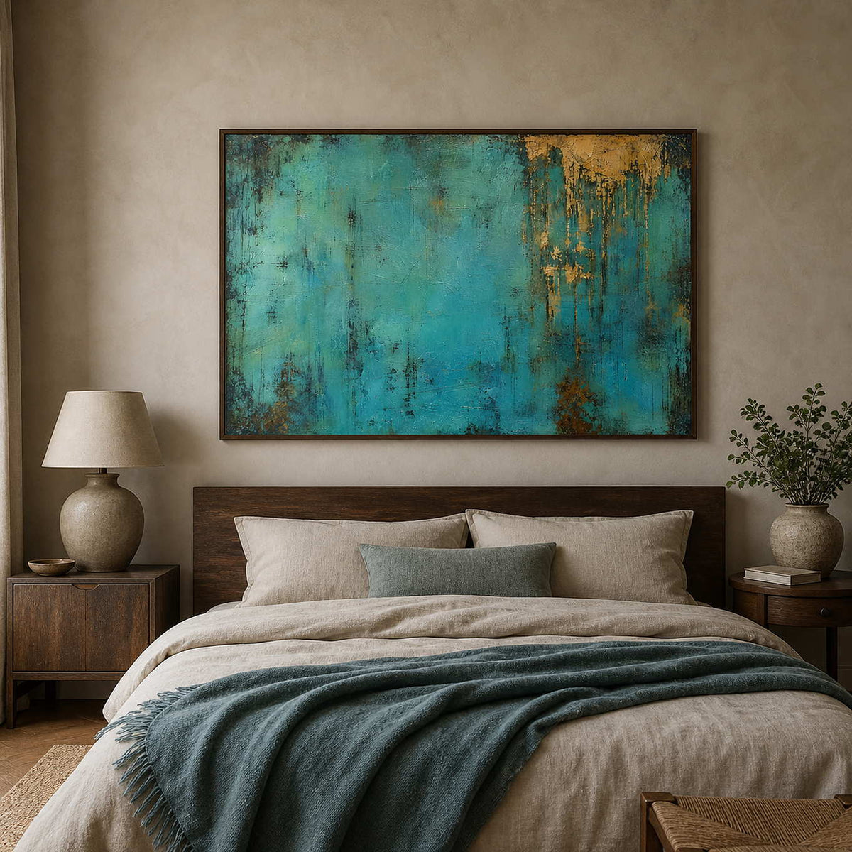 Turquoise textured canvas styled above a quiet modern bedroom.