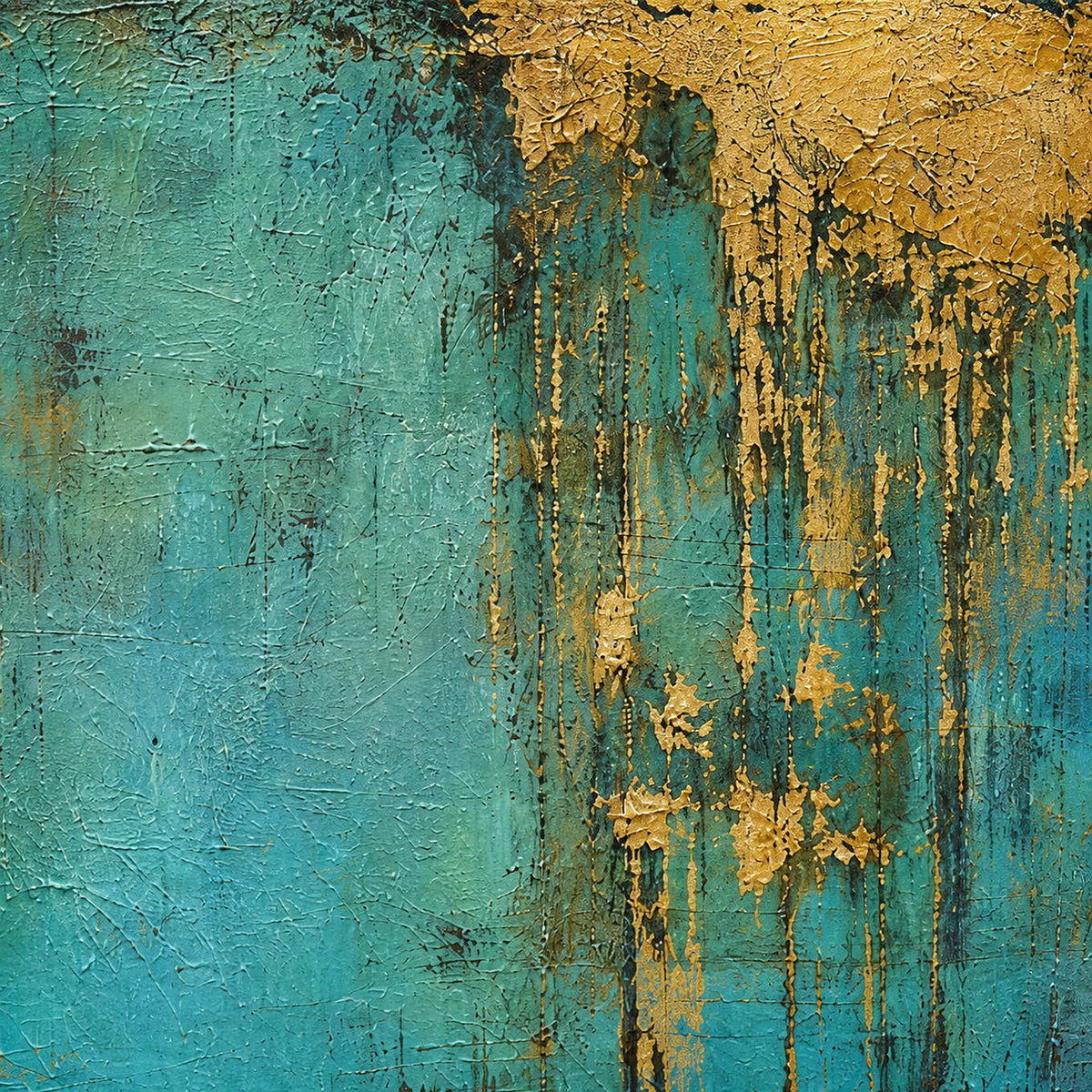 Close-up of raised turquoise texture and irregular golden paint drips.