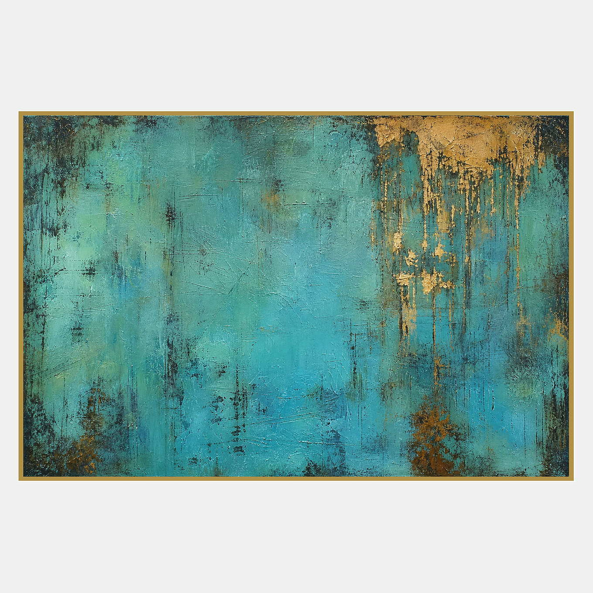 Textured turquoise and gold abstract canvas with weathered mineral depth.