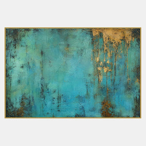 Textured turquoise and gold abstract canvas with weathered mineral depth.