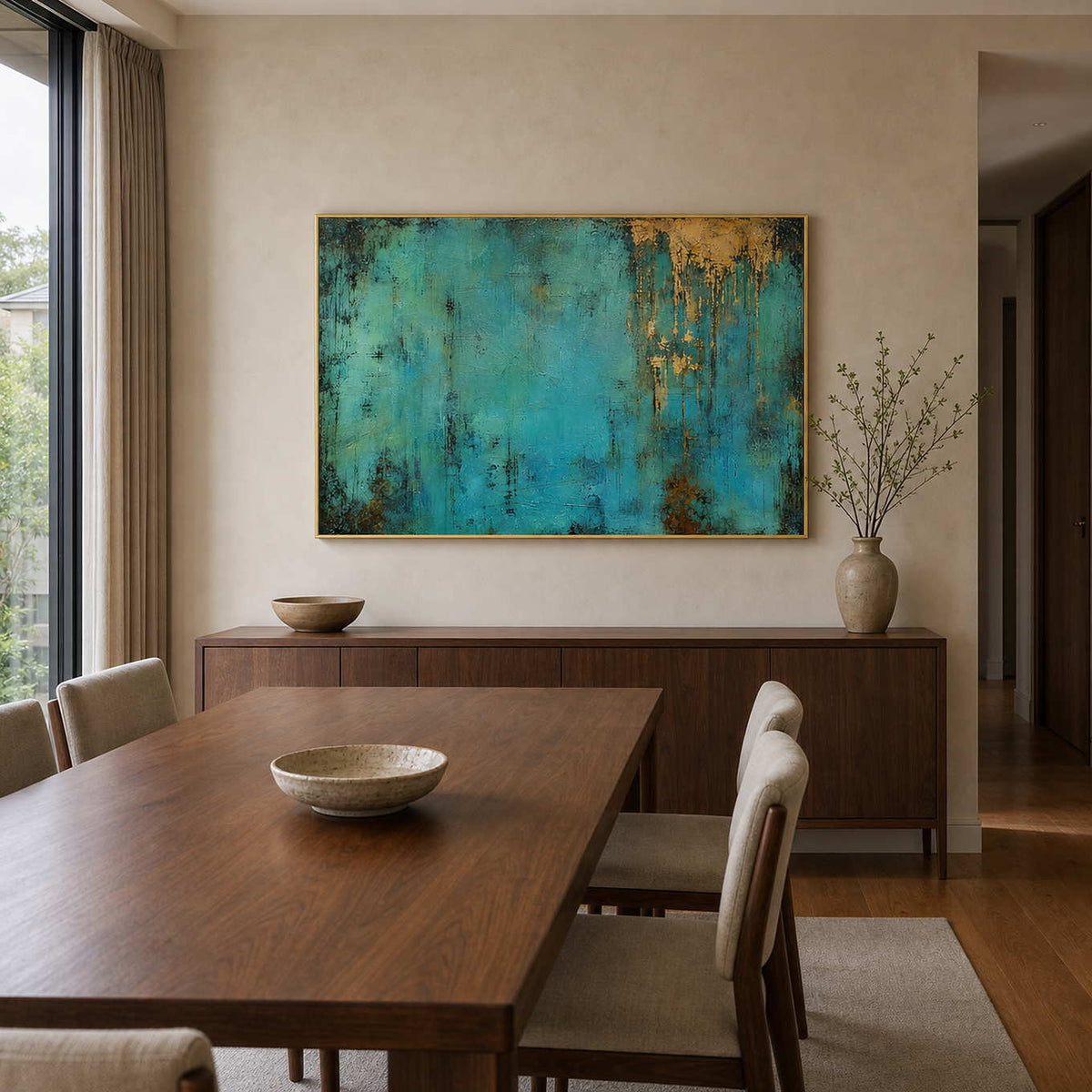 Blue and gold abstract artwork displayed in a walnut dining room.